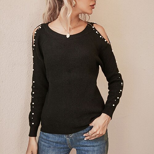 

Women's Sweater Pullover Jumper Knitted Beads Hole Pure Color Stylish Casual Soft Long Sleeve Sweater Cardigans Crew Neck Spring Summer Black Gray Red