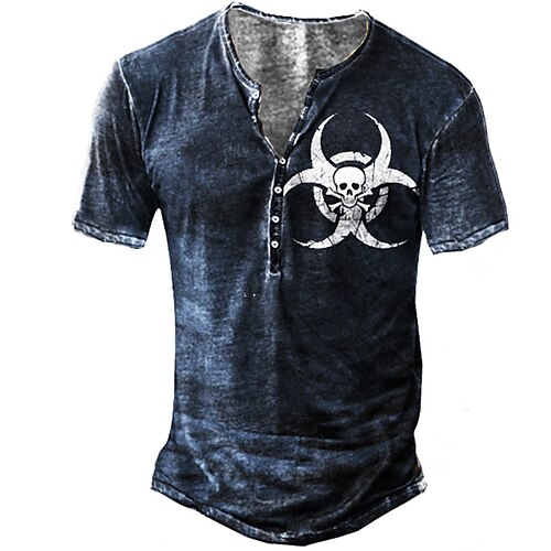 

Men's T shirt Tee Henley Shirt Graphic Skull Henley Blue 3D Print Street Casual Short Sleeve Button-Down Print Clothing Apparel Basic Fashion Classic Comfortable / Summer / Summer / Sports