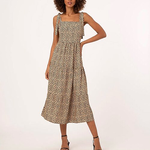

Women's Shift Dress Midi Dress Camel Sleeveless Leopard Patchwork Cold Shoulder Print Summer Square Neck Stylish Casual 2022 S M L XL