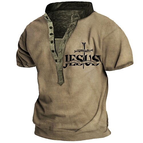 

Men's Henley Shirt T shirt 3D Print Graphic Letter Stand Collar Street Casual Button-Down Print Short Sleeve Tops Basic Fashion Classic Comfortable Khaki