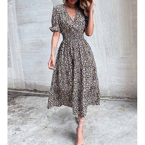 

Women's A Line Dress Midi Dress Black Short Sleeve Floral Polka Dot Patchwork Print Summer V Neck Stylish Work Casual 2022 S M L XL