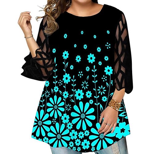 

Women's Plus Size Tops Blouse T shirt Tee Floral Half Sleeve Round Neck Vintage Daily Vacation Polyester Spring Fall Blue White