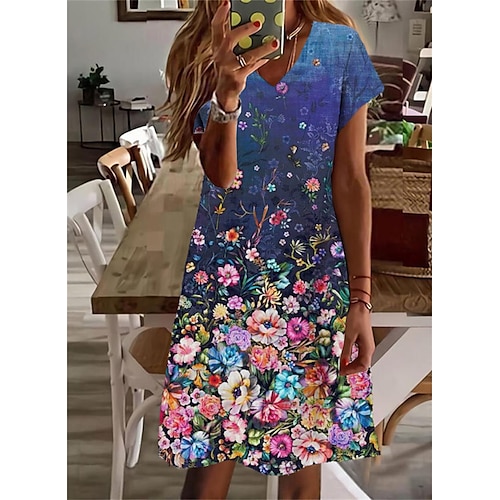 

Femme Robe casual Manche Courte Printemps Eté Imprimer Floral Col V Ample 2022 Boom Vente Robe Bleu S M L XL XXL 3XL