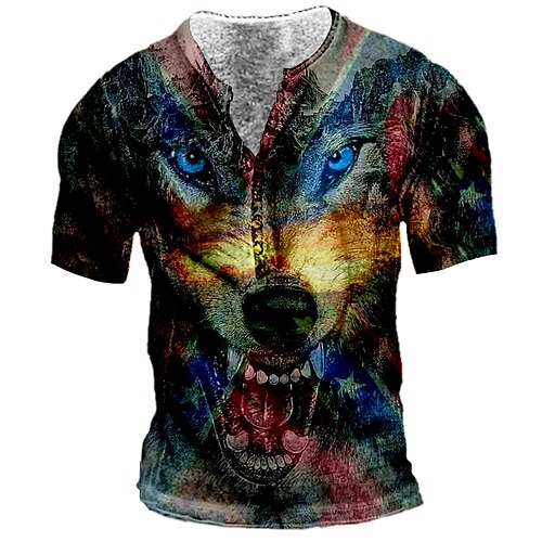 

Men's Henley Shirt Tee T shirt 3D Print Graphic Wolf Plus Size Henley Daily Sports Button-Down Print Short Sleeve Tops Basic Casual Designer Big and Tall Black