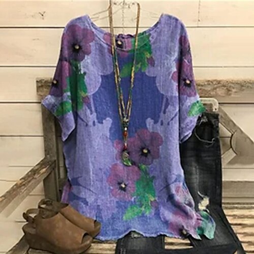 

Women's T shirt Tee Purple Floral Color Block Print Short Sleeve Daily Vacation Streetwear Crew Neck Regular Plus Size L