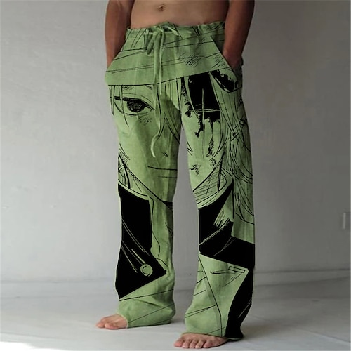 

Inspired by Demon Slayer: Kimetsu no Yaiba Tengen Uzui Linen Pants Straight Trousers Baggy Pants Anime Elastic Drawstring Design Front Pocket Pants For Men's Adults' 3D Print Cotton Blend Daily Yoga