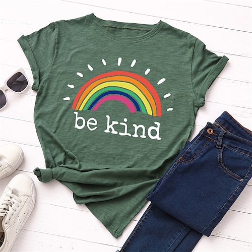 

Women's Plus Size Curve Tops Blouse T shirt Rainbow Letter Print Short Sleeve Crewneck Streetwear Vacation Going out Cotton Spring Summer Green White