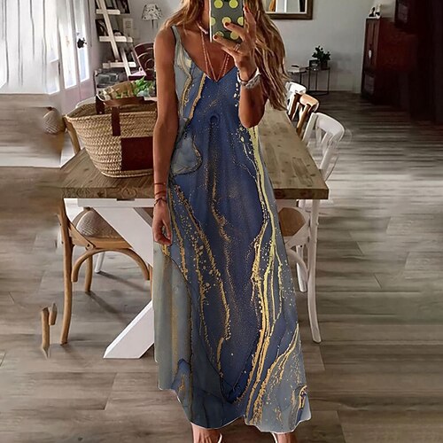 

Women's A Line Dress Maxi long Dress Blue Sleeveless Color Gradient Print Spring Summer Spaghetti Strap Stylish Casual Vacation 2022 S M L XL XXL 3XL