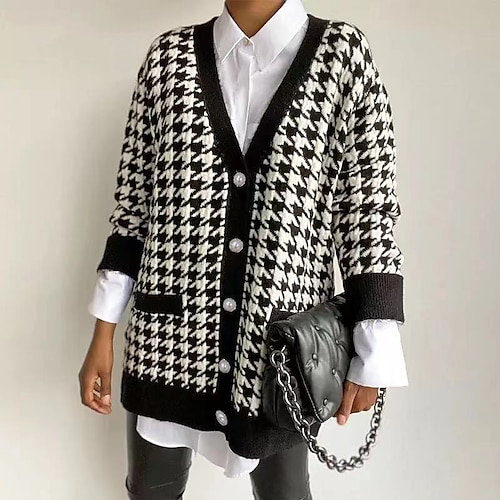 

Mulheres Sueter Cardigan Saltador Tricotar Tricotado Houndstooth Decote V à moda Casual Ao ar livre Diário Primavera Verão Preto Tamanho Único / Manga Longa / Normal / Para Noite