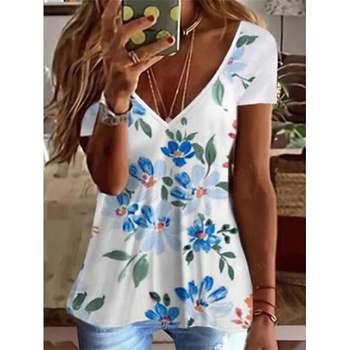 

Women's T shirt Floral Patchwork Print V Neck Basic Tops White / 3D Print