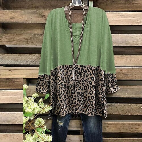 

Women's Plus Size Tops T shirt Leopard Patchwork Print Long Sleeve V Neck Streetwear Daily Going out Polyester Spring Summer Green Coffee