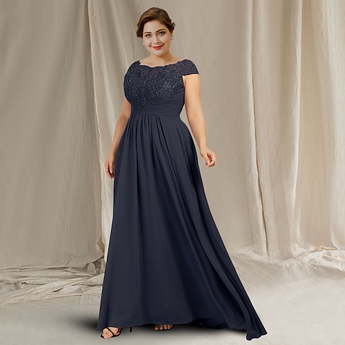 

Sheath / Column Mother of the Bride Dress Plus Size Elegant Jewel Neck Floor Length Chiffon Lace Cap Sleeve with Ruched Appliques 2022