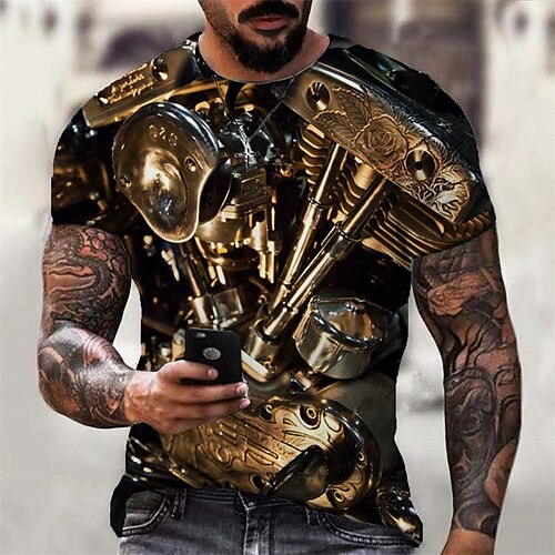 

Men's Unisex T shirt Tee Graphic Machine Crew Neck Gold 3D Print Outdoor Street Short Sleeve Print Clothing Apparel Sports Designer Casual Big and Tall / Summer / Summer