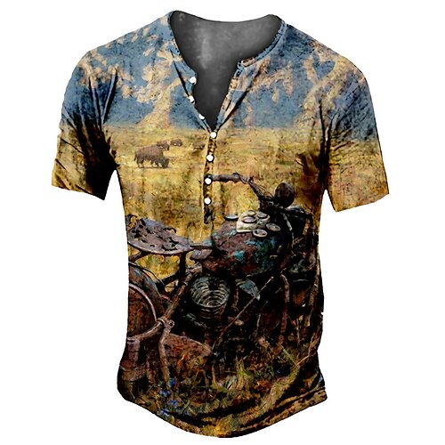 

Men's Henley Shirt Tee T shirt 3D Print Graphic Motorcycle Plus Size Henley Daily Sports Button-Down Print Short Sleeve Tops Basic Casual Designer Big and Tall Yellow