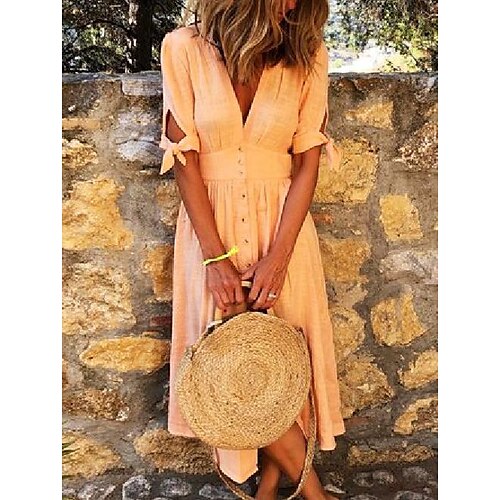 

Women's Swing Dress Midi Dress Green Blue Yellow Lavender Orange Half Sleeve Pure Color With Belt Spring Summer V Neck Casual Modern 2022 S M L XL 2XL 3XL