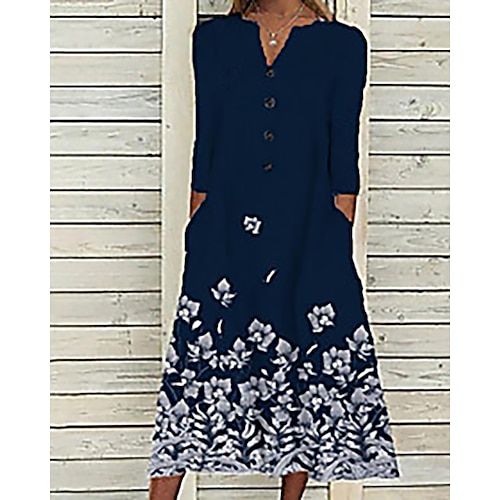 

Women's Casual Dress Midi Dress Royal Blue 3/4 Length Sleeve Floral Button Winter Fall Autumn V Neck S M L XL XXL 3XL