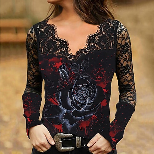 

Women's Blouse Purple Red Black Floral Skull Lace Patchwork Long Sleeve Casual Halloween V Neck Regular S / Print