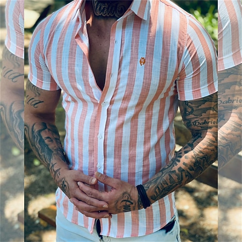 

Men's Shirt Hot Stamping Striped Graphic Turndown Street Casual Button-Down Print Short Sleeve Tops Casual Fashion Breathable Comfortable Orange