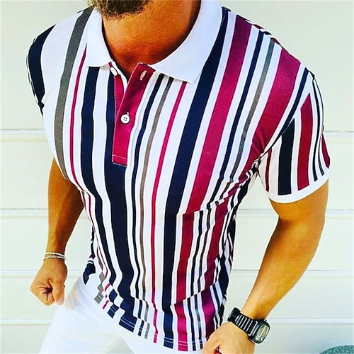 

Men's Collar Polo Shirt Golf Shirt Graphic Striped Turndown Red Hot Stamping Outdoor Street Short Sleeve Button-Down Print Clothing Apparel Cotton Fashion Casual Breathable Comfortable / Summer