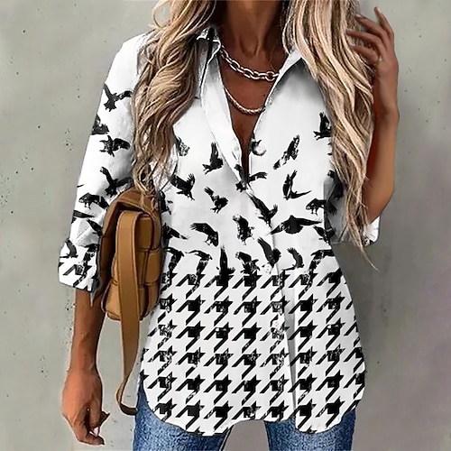 

Women's Floral Theme Blouse Shirt Bird Button Print Shirt Collar Casual Streetwear Tops Green Blue White / 3D Print