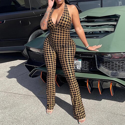 

Women's Jumpsuit Backless Print Plaid Halter Neck Casual Street Casual Regular Fit Sleeveless Brown S M L Spring