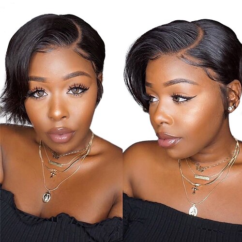 

Human Hair 13x4x1 T Part Lace Front Wig Pixie Cut Wig Brazilian Hair Straight Black Wig 150% Density with Baby Hair Glueless Pre-Plucked For Black Women Short Human Hair Lace Wig