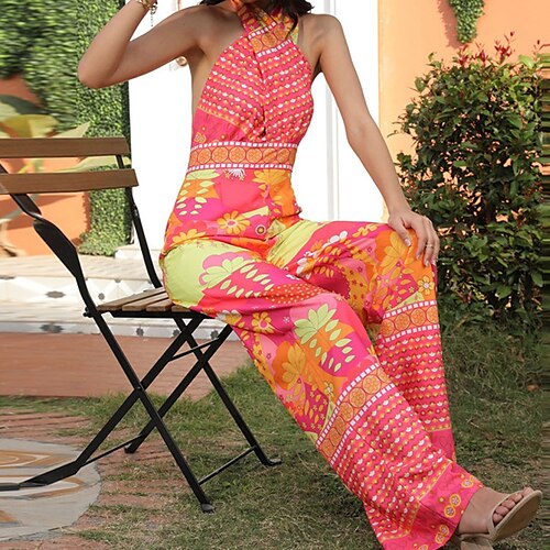 

Mujer Mono Espalda al Aire Estampado Floral Cuello halter Sensual Calle Vacaciones Ajuste regular Sin Mangas Fucsia S M L Primavera