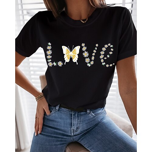 

Women's Butterfly Painting T shirt Butterfly Text Print Round Neck Basic Tops Blue Black Gray / 3D Print