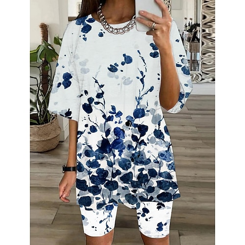 

dame loungewear sæt 2 stk blomst komfort søde hjem daglig polyester rund hals halv ærme forår sommer blå