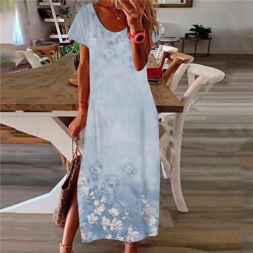 

Women's Shift Dress Maxi long Dress Light Blue Short Sleeve Floral Color Gradient Split Print Spring Summer V Neck Casual Vacation 2022 S M L XL XXL 3XL