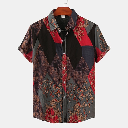 

Men's Shirt Other Prints Geometry Plus Size Turndown Holiday Print Short Sleeve Tops 2pcs Beach Black / Gray