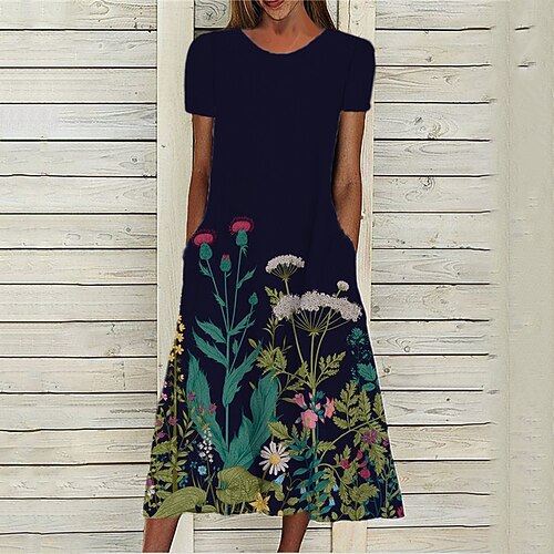 

Women's A Line Dress Midi Dress Black Short Sleeve Floral Pocket Print Spring Summer Round Neck Stylish Casual Modern 2022 S M L XL XXL 3XL