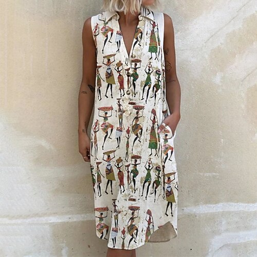 

Women's Casual Dress Knee Length Dress Gray Purple Orange Red Beige Sleeveless Print Pocket Print Spring Summer V Neck Casual 2022 S M L XL XXL 3XL 4XL 5XL