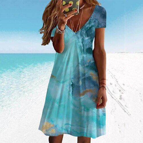 

Women's A Line Dress Short Mini Dress Blue Gray Short Sleeve Floral Color Gradient Print Spring Summer V Neck Casual Vacation 2022 S M L XL XXL 3XL