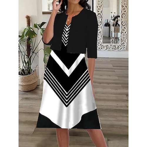 

Women's Dress Set Two Piece Dress Midi Dress Black Half Sleeve Color Block Patchwork Fall Spring Autumn Crew Neck 2022 S M L XL XXL 3XL