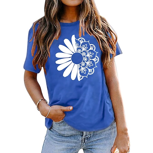 

Women's T shirt Graphic Flower Print Round Neck Basic Tops Green Blue White