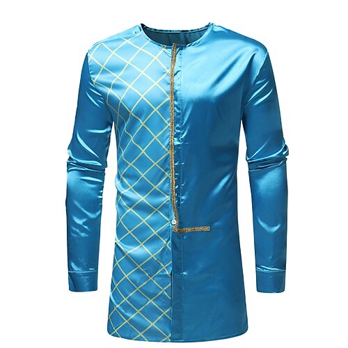 

Men's Shirt Argyle Collarless Street Casual Button-Down Long Sleeve Tops Casual Fashion Breathable Comfortable Blue