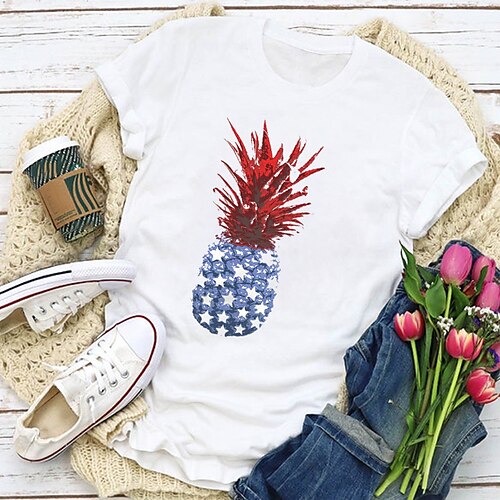 

Women's Painting T shirt USA Sunflower Fruit Print Round Neck Basic Tops White Wine Red