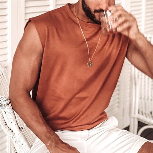 

Men's T shirt Solid Color Crew Neck Street Casual Print Sleeveless Tops Fashion Comfortable Sports Brown
