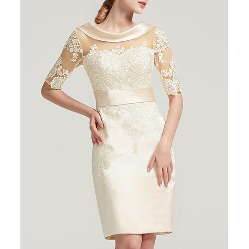 

Sheath / Column Cocktail Dresses Elegant Dress Wedding Guest Knee Length Half Sleeve Jewel Neck Satin with Appliques Pure Color 2022 / Cocktail Party