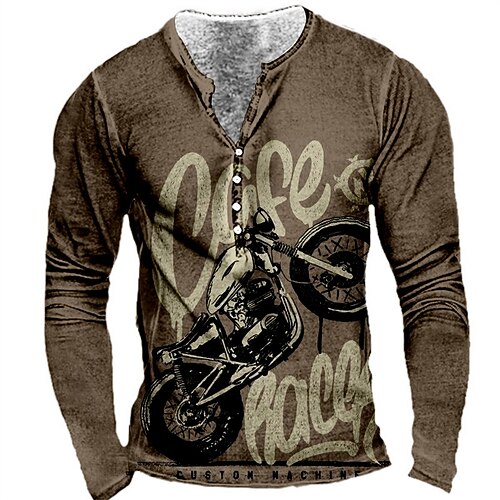 

Men's Henley Shirt Tee T shirt 3D Print Graphic Motorcycle Plus Size Henley Daily Sports Button-Down Print Long Sleeve Tops Basic Casual Classic Designer Coffee
