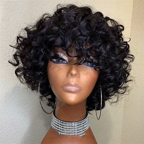 

Remy Human Hair Wig Curly With Bangs Natural Black Capless Brazilian Hair Women's Natural Black #1B 8 inch 10 inch 12 inch Party / Evening Daily Wear Vacation