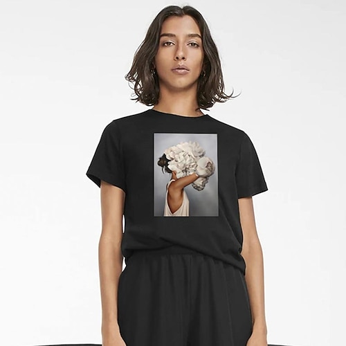 

Women's Portrait T shirt Floral Portrait Print Round Neck Basic Tops Green White Black