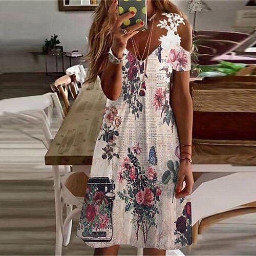 

Women's A Line Dress Short Mini Dress Beige Short Sleeve Floral Cold Shoulder Print Spring Summer V Neck Casual Vacation 2022 S M L XL XXL 3XL