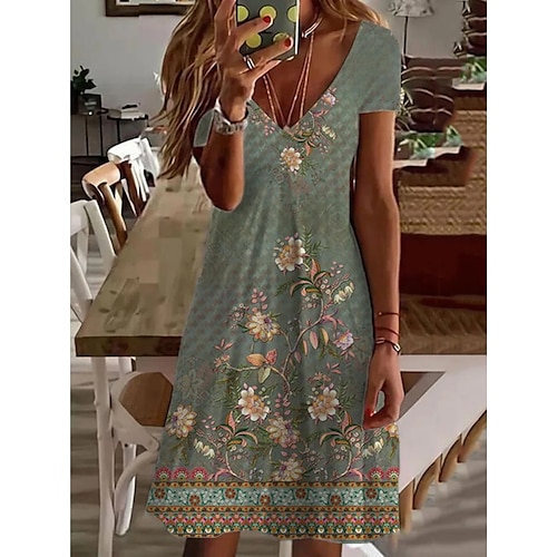 

Women's A Line Dress Knee Length Dress Green Short Sleeve Floral Ruched Print Spring Summer V Neck Elegant Casual 2022 M L XL XXL 3XL