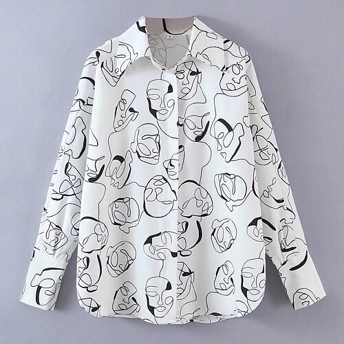 

Women's Portrait Shirt Portrait Print Shirt Collar Elegant Tops White