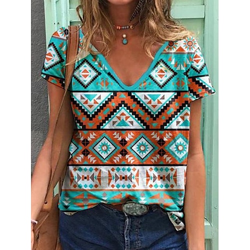 

Women's T shirt Tee Blue Yellow Red Geometric Print Short Sleeve Casual Weekend Basic Ethnic V Neck Regular Geometric Painting S / 3D Print