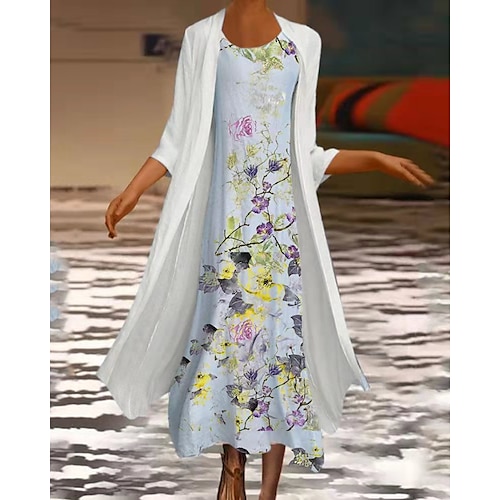

Women's Two Piece Dress Knee Length Dress Green Blue Light Blue Short Sleeve Floral Print Print Summer Crew Neck Vintage 2022 M L XL XXL 3XL