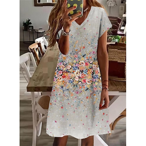 

Women's Casual Dress Shift Dress Gray Short Sleeve Floral Print Spring Summer V Neck Loose Fit 2022 S M L XL XXL 3XL