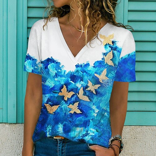 

Women's Butterfly Painting T shirt Butterfly Tie Dye Print V Neck Basic Tops Green Blue Pink / 3D Print